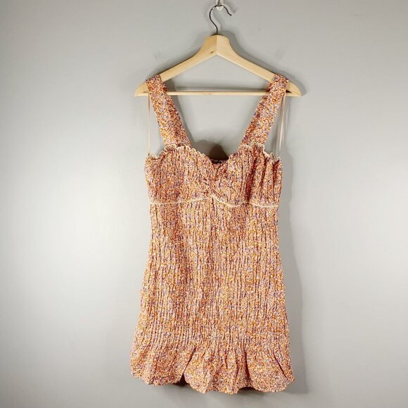 Zara Womens Floral Smocked Mini Dress Orange L Large 100% Cotton Summer Dress - Picture 1 of 10